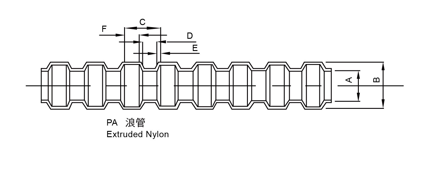Engineering drawing of PA Nylon corrugated Tubing from Good Gi